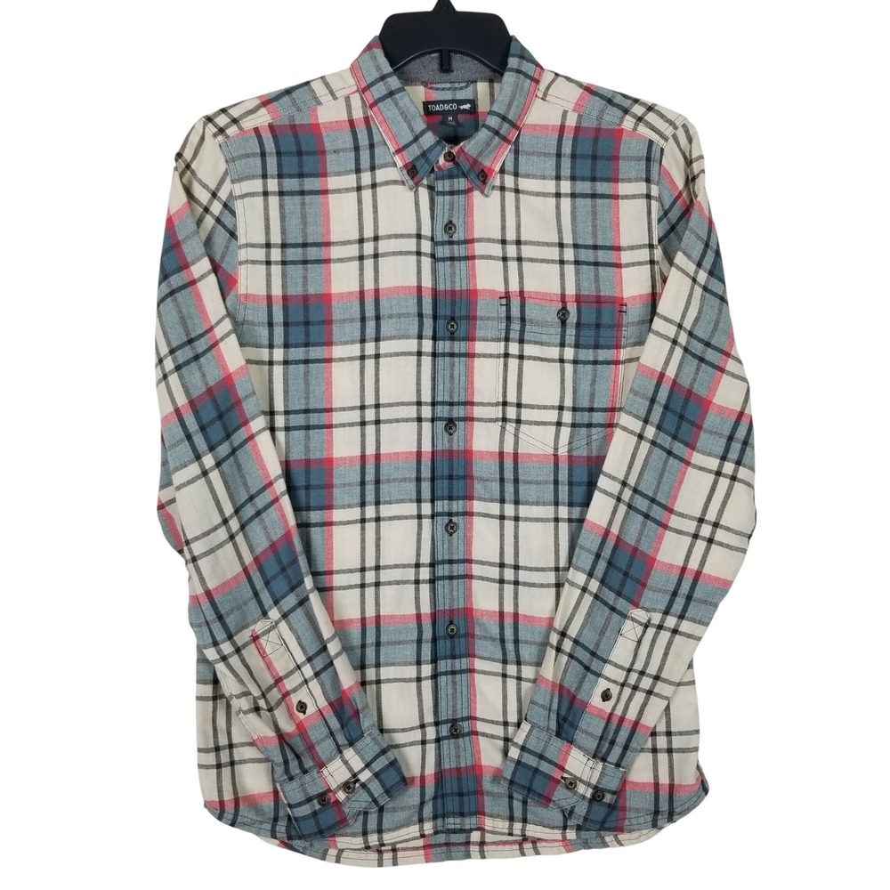 Toad&Co Button Down Shirt Mens Medium Cream Blue Red Plaid Recycled Flannel